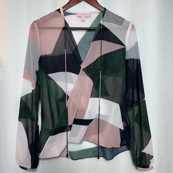 Ted Baker Tops - Ted Baker London Sheer Geometric Waterfall Blouse Designer Pink Green Size 1